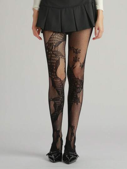 1件装女士性感紧身裤，复古花卉夜景图案提花镂空渔网袜，薄款小众连裤袜，Y2K 深色系，黑色连裤袜，时尚百搭，适合万圣节、度假、派对、社交场合