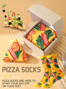 1 Pair New Interesting Multi-Color Pizza Print Mid-Calf Socks Gift Box, Spring/Summer Unisex Sports Socks, Imaginative Food-Inspired Creative Design, Knitted Fabric, Long & Thick Soft & Comfortable, Perfect Gift For Birthday, Valentine's Day, Easter, Festival, Carnival, Dates, Parties, Holidays, Unique Fashion Quirky Abstract Daily Casual Wear Socks, Food-Themed Outfit, Suitable For All Seasons, Great Gift For Couples, Friends, Vacation, Outdoor Sports, Gym, Home, Office, Etc. - Yellow - View 3