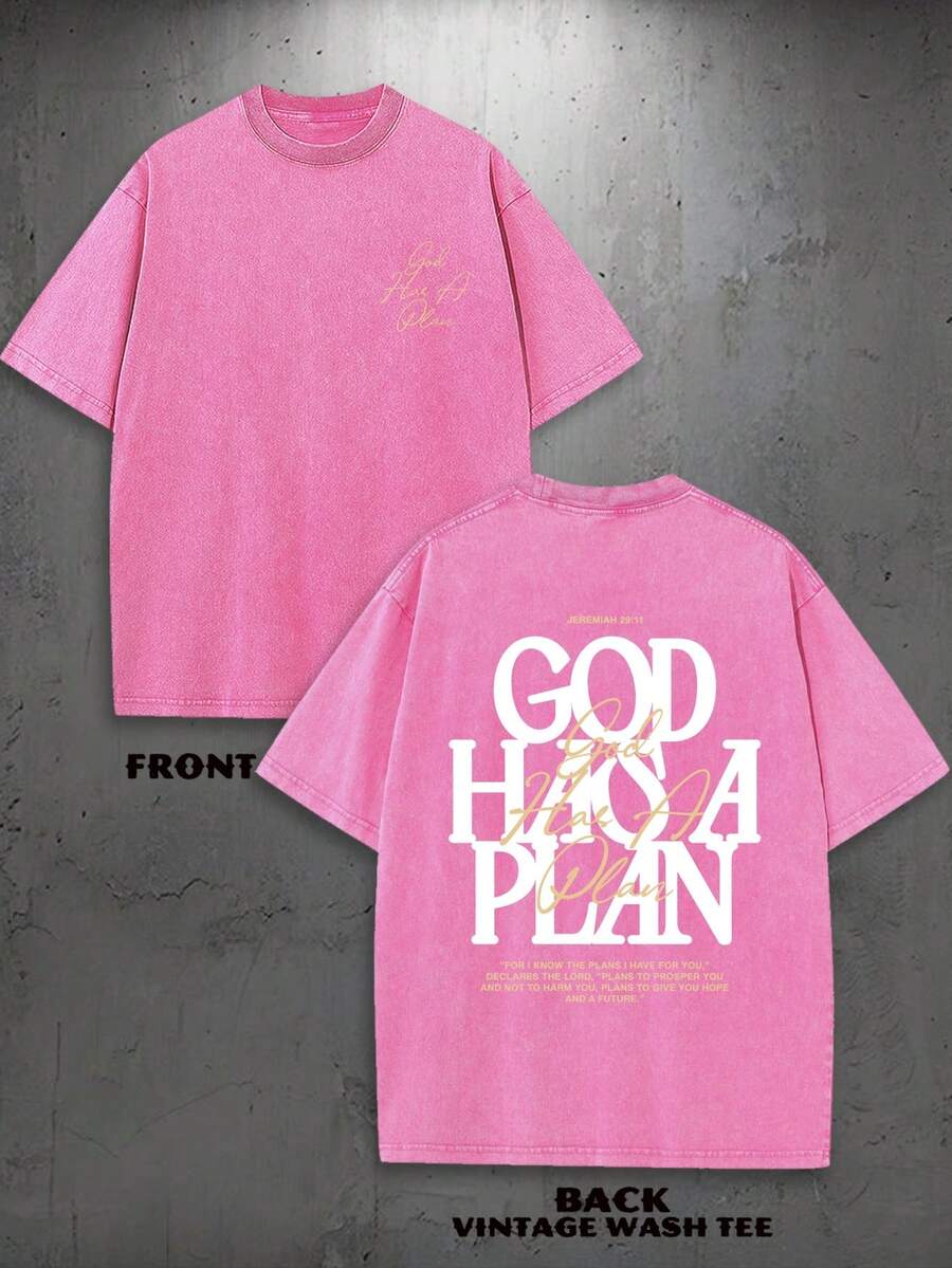God Has A Plan Vintage Tee 100% Cotton | Jeremiah 29:11 Washed T-Shirt, Distressed Soft - Christian Faith Gift & Inspirational Daily Wear | Unisex - 玫紅色 - 查看 1