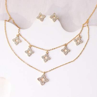 1 Set Fashionable Double-Layer Hollow Four-Petal Flower 2pcs Jewelry Set, Suitable For Daily Wear