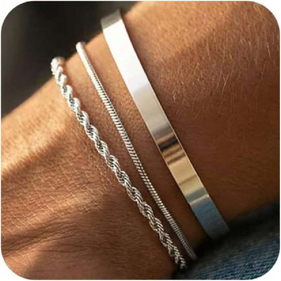 Set Of 3 Men's Chain Bracelets, Delicate And Stackable Sterling Silver Bracelets For Men, Not Tanish Simple Snake Rope Bracelet For Men, Jewelry Sizes 6.5/7/7.5/8/8.5/9, 41969361 - 彩色的 - 查看 1