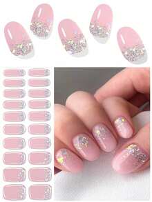 20pcs Semi-Cured Gel Nail Strips, Pink Glitter, Suitable For Any Nail Lamp, Salon Quality, Long-Lasting, Easy To Apply And Remove - Baby Pink - View 1