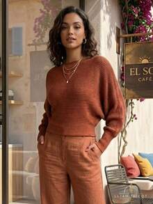 Women's Batwing Blouse, Fang Knit, Long Sleeve, Elegant Knitwear, Winter Fashion - Camel - Ver 1