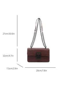 Túi đeo vai mini thời trang nữ kiểu retro, túi đeo chéo nhẹ với dây xích kim loại, chất liệu PU, màu cà phê, túi vuông khóa gập thông thường, túi da cá sấu, túi mua sắm cho bé gái, phù hợp cho phụ nữ đi làm hàng ngày, nhỏ gọn và dễ mang theo. - Cà phê - Xem 5