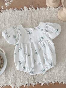 INS Newborn Baby Girls Fresh Floral Bubble Short Sleeve Romper, Summer - White - View 1