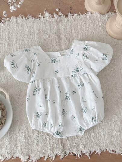 INS Newborn Baby Girls Fresh Floral Bubble Short Sleeve Romper, Summer