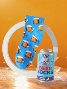 1 Pair New Interesting Multi-Color Beer Can Mid-Calf Socks Gift Box, Spring/Summer Unisex Sports Socks, Imaginative Food-Inspired Creative Design, Knitted Fabric, Long Thick Soft Comfortable, Perfect Gift For Birthday, Valentine's Day, Easter, Festival, Carnival, Dates, Parties, Holidays, Unique Quirky Abstract Daily Casual Wear Socks, Popular Food-Themed Outfit, Suitable For All Seasons, Great Gift For Couples, Friends, Ideal For Vacation, Outdoor Sports, Gym, Home, Office, Etc. - Blue - View 7