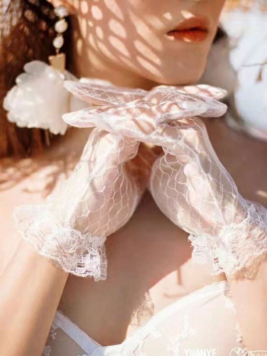 透視網紗蕾絲飾邊防曬新娘手套,適合婚禮儀式、婚禮、派對、晚禮服配件 - 白色 - 查看 1