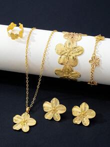 1 套雕刻四叶草花金色女士首饰套装，包括 1 对耳环、1 条项链、1 条手链、1 个手镯、1 个戒指 - 金黃色 - 查看 1