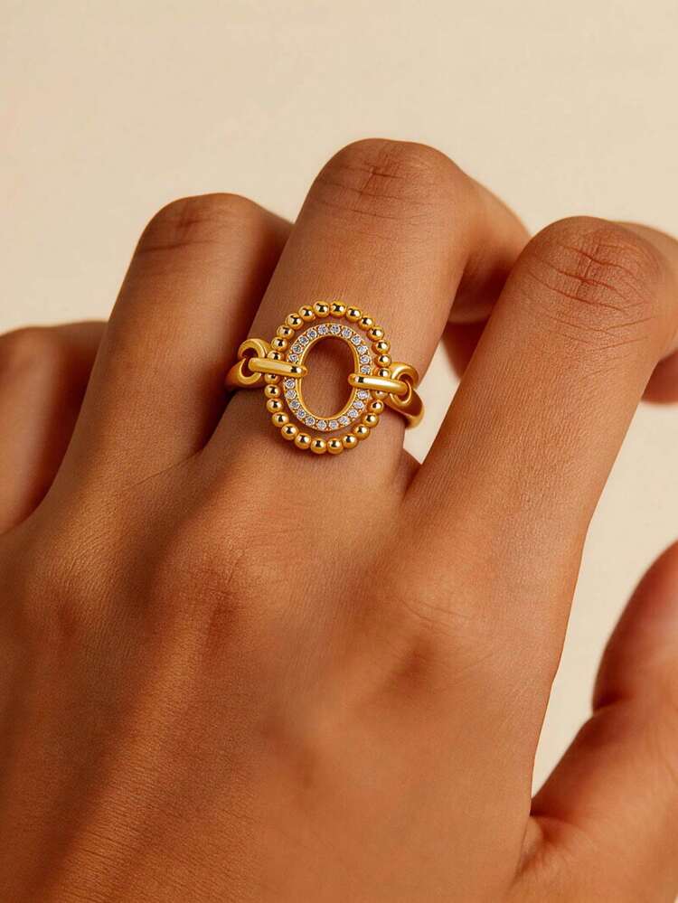 18K Gold Plated Hollow Geometric Oval Vintage Zirconia Ring, Unique Jewelry Couple Set - 1 - View 2