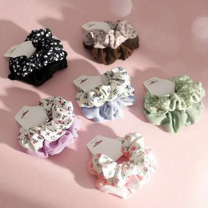 12pcs/Set Women's Fashion Sweet Solid Color Scrunchies, Colorful Fabric Ditsy Floral Print Hair Ties, Minimalist Solid Color Scrunchies