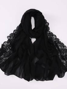 New Arrival Spring/Summer Lace & Pearl Splice Chiffon Hijab Shawl, Muslim Headscarf - Black - View 3