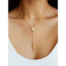 1pc Vintage Cross & Virgin Mary Pendant Faux Pearl Y-Shape Necklace, Women Party & Everyday Accessory (Random Pearl Beads) - 金色 - 查看 6