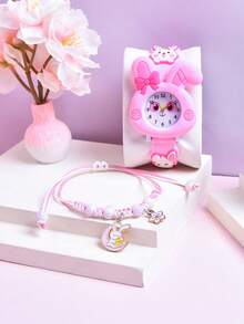 2026 New 2pcs/Set Gift For Daughter's Friend, Soft Silicone Strap Student Watch, Creative Long Ear Rabbit Quartz Watch, Adjustable Braided Rope Rabbit Bracelet - Pink - View 5