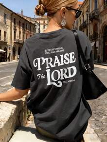 女士夏季新款休闲字母印花宽松百搭圆领米色短袖T恤，适合日常穿着和度假 - 深灰色 - 查看 6