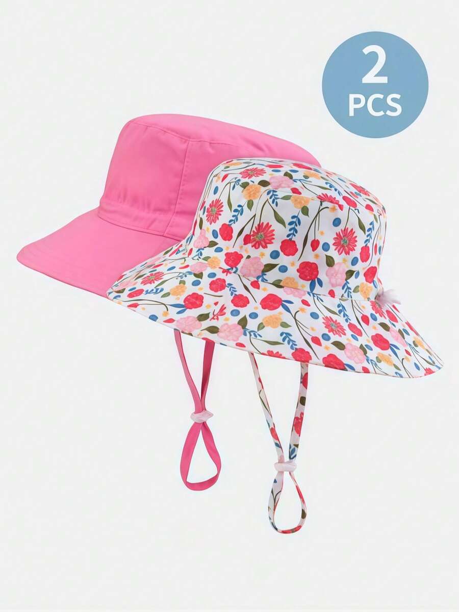 2pcs Adjustable Brim Bucket Hat, Multi-Size 6 Months To 8 Years Old Kids Bucket Hat, Boys Girls Dual-Color Print Cap - Multicolor - View 1
