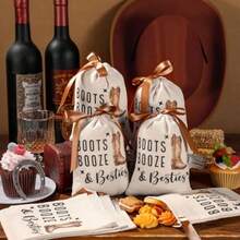 12 Pcs Boots Booze And Besties Hangover Kit Bags Nashville Bachelorette Party Favor Bag 5"X7" Reusable Muslin Drawstring Hangover Bag For Western Themed Bridal Shower Country Wedding Party - màu trắng chính - Xem 4