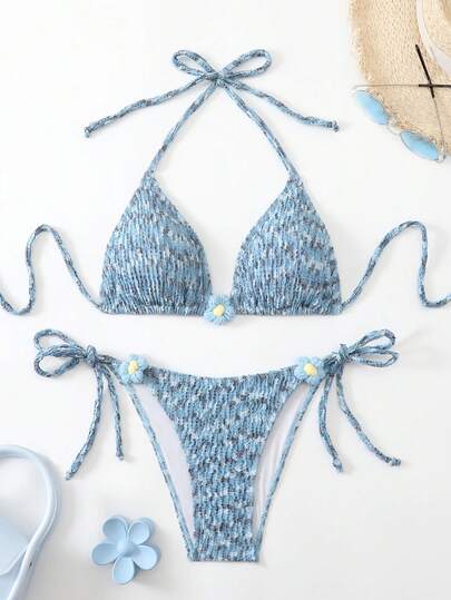 女士全身印花3D花卉装饰挂脖比基尼套装