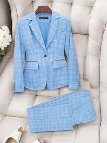 Plaid Fabric Retro Casual Vacation Elegant Business Professional Plus Size Suit Pants & Jacket Set Spring - Blue - View 8