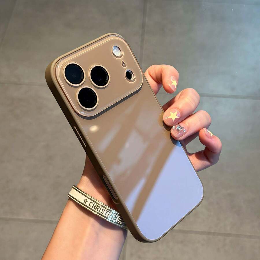 Luxury Solid Color Glossy Glass Phone Case Compatible With IPhone17 Pro Max 16Pro Max 15Plus 14pro 13 Pro Max, Lens Protection Anti-Fall Hard Shell Gift For Women/Girls - màu nâu - Xem 1