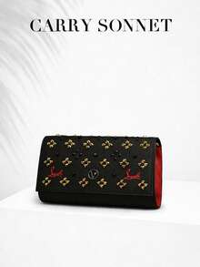 Black Rivet Embellished Evening Clutch Bag With Chain Strap Red Accent Envelope Style Women's Shoulder Bag, Suitable For Party And Wedding, Women's Handbag, Women's Gift - 彩色 - 查看 10
