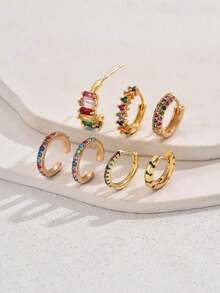 7pcs/Set Fashionable Multi-Color CZ Decorated Ear Cuffs, Suitable For Women Cartilage Earrings - 彩色 - 查看 3