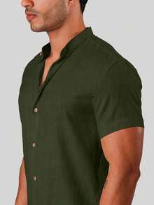 Men's Military Green Dress Shirt, Dunas Fabric (Similar To Linen), Short Sleeve, Mandarin Collar - Summer 2026 Shirt - Cool Shirt - Beachwear - 墨綠色 - 查看 6