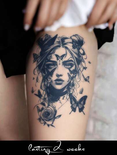 1pc Herbal Juice Semi-Permanent Tattoo Sticker, Anime Character, Butterfly, Floral Patterns, Y2K Tattoo Sticker, Suitable For Daily, Party, Festival, Gift, Body Decoration For Arm, Leg, Shoulder, Neck, Back, Waterproof, Non-Reflective Tattoo Sticker