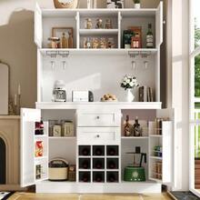 Mueble de cocina con estantes ajustables y botellero, aparador de cocina alto con 4 puertas y 2 cajones, aparador para cocina y salón, mueble aparador, color blanco - Blanco - Ver 3