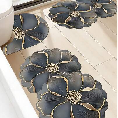 1pc/2pcs/3pcs Gold Flower Pattern Decorative Floor Mat, Room Decor, Bathroom Rug, Doormat, Small Rug, Carpet, Home Decor, Area Rug, Outdoor Mat, Bedroom Carpet, Washable Rug