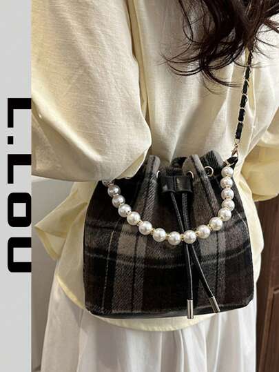 2026 Spring New Fashion Versatile Plaid Bucket Bag, Casual Minimalist Contrast Color Shoulder Crossbody Handbag