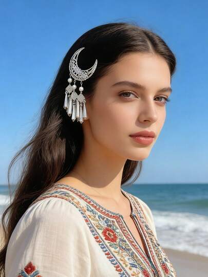 2pcs Silver Crescent Moon Tassel Hair Clips, Chain Tassel Crescent Moon Hair Clips, Side Bangs Clips For Chinese Traditional Costume Hair Accessories