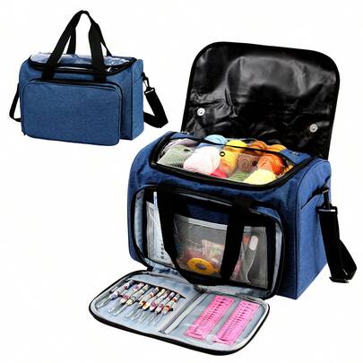 Large Size Purple/Grey/Blue Crochet Yarn Storage Bag, Multi-Pocket Woven Tool Organizer Tote Bag (With Shoulder Strap), Portable Crochet Yarn Storage Bag, For DIY Knitting, Holiday Gift