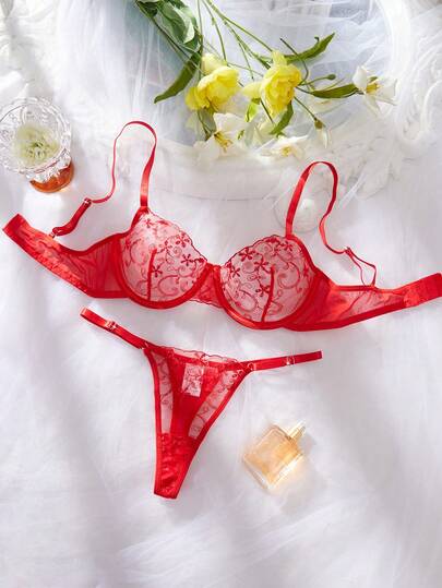 2pcs/Set Women's Floral Embroidery Mesh Mature Romantic Solid Color Sexy Lingerie Set