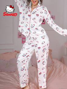 2pcs Sanrio Hello Kitty Women's Pajama Set, Polka Dot, Bow & Letter Print, Cute, Long Sleeve Top And Pants Sleepwear Set, Adorable Pajama Suit - White - View 3