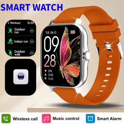 新款男女通用运动户外智能手表，支持无线通话和信息提醒、计步器、卡路里和距离追踪、多种运动模式、音乐控制、遥控拍照、闹钟、金属表壳和硅胶表带、USB充电，多功能智能手表，节日礼物