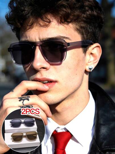2 PCS Men's Square Fashion Glasses Solid Color Polycarbonate Frame Lightweight Wear Without Pressure Casual And Versatile Suitable For Daily Outdoor With Glasses Box