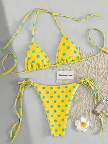 Bộ bikini Xinshengyuan 2026 2 món/set dành cho Tết Dương lịch và Lễ Tình nhân, kiểu dáng gợi cảm, dễ thương, màu xanh ngọc chấm bi, dây buộc cổ tam giác hai bên, chất liệu co giãn vừa phải, phong cách Âu Mỹ, quần bơi nữ kiểu buộc dây bên hông, thích hợp cho kỳ nghỉ biển và hồ bơi, tiệc biển, trang phục đi biển mùa hè, đồ bơi mùa xuân mùa đông. - Nhiều màu - Xem 5