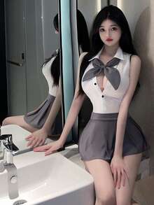 1 Conjunto de Mono Elegante JK con Falda con Volantes, Conjunto con Espalda Descubierta y Botones Ocultos - Gris - Ver 5