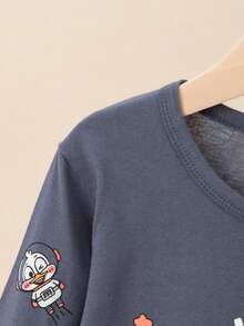 2pcs Set Grey Space Duck Cartoon Print Pajamas, Boys Cotton Sleepwear, Long Sleeve Top And Pants, Spring/Autumn - Grey - View 4
