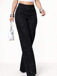 Women's Premium High Waisted Wide Leg Shiny Jeans - Black Glitter2 - View 4