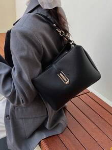 Fashionable & Elegant Solid Color Wide Strap PU Leather Women Tote Bag Shoulder Bag - Black - View 4