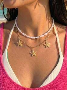 多层珍珠、贝壳和海星项链，时尚海滩度假风女士颈链 - 彩色 - 查看 10