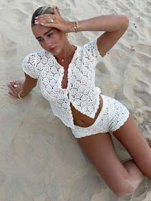 Women's White Hollow-Out Knit Top And Shorts Set - White - View 3