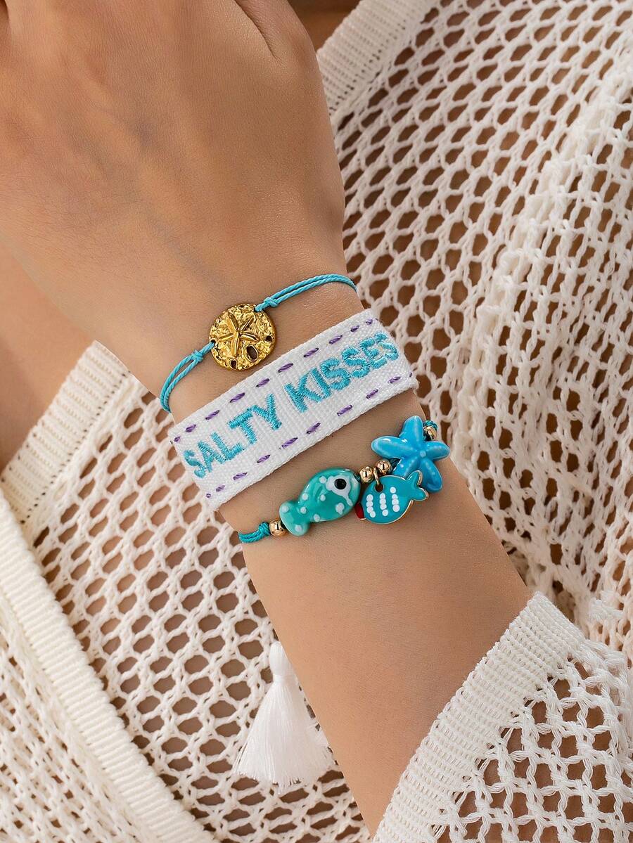 Bộ 3 vòng tay thủ công phong cách Boho hình vỏ sò và sao biển, chủ đề đại dương mùa hè, làm từ dây gai dầu, thích hợp để đeo hàng ngày và đi nghỉ mát. - Nhiều màu - Xem 1