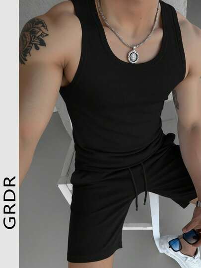 GRDR Conjunto de 2 piezas de camiseta de tirantes y pantalones cortos de unicolor de verano para hombre, casual y versátil