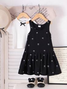 2件套女童校服套装，白色短袖T恤+黑色连衣裙，轻薄夏季休闲度假装 - 黑與白 - 查看 4