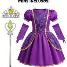 Fantasia Princesa Infantil pra Menina Vestido de Luxo Capa Tiara Luva E Varinha Magica Festa Carnaval - Lilás - Visão 3