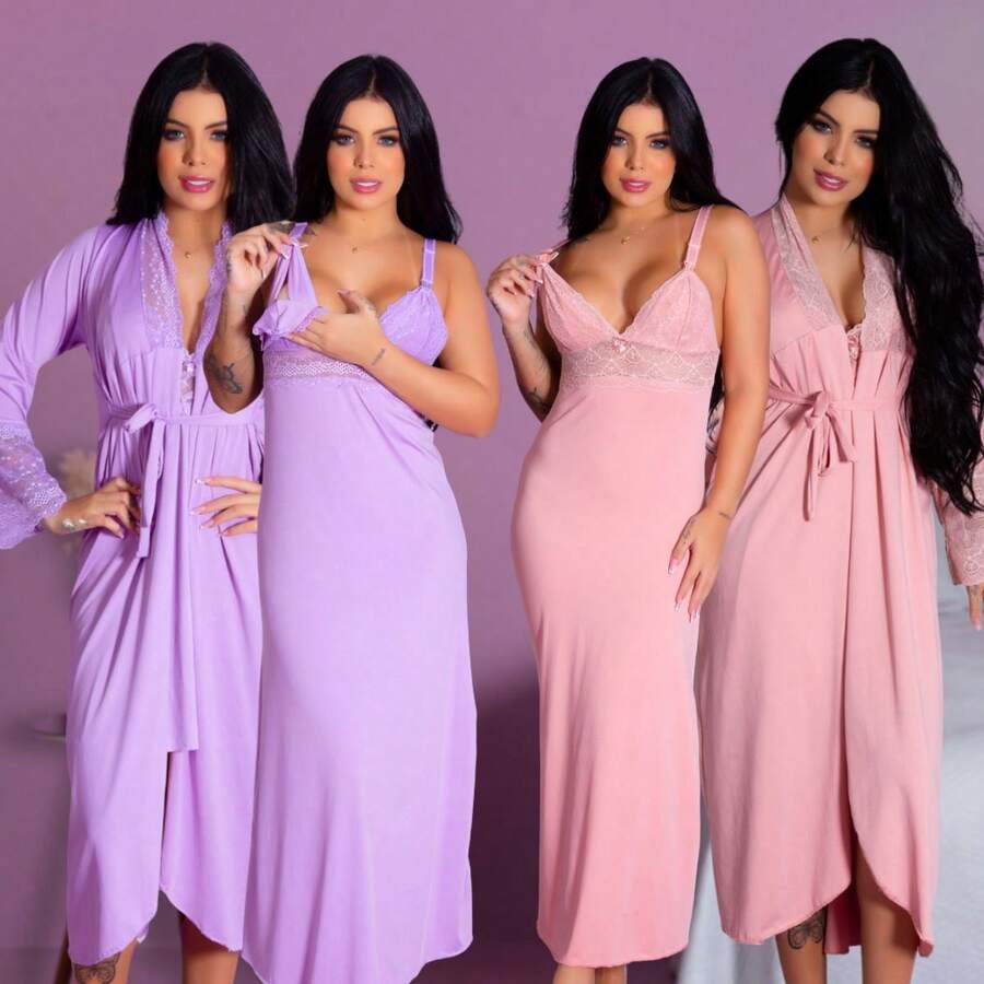 KIT 2 CAMISOLAS LONGAS E 2 ROBES LONGOS MATERNIDADE ELEGANTE - Lilás,Rosê - Visão 1