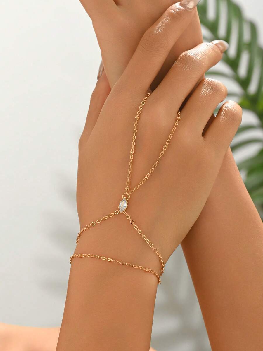 2pcs/Set Minimalist Elegant Finger Chain Bracelet, Gold Chain With Sparkling Rhinestones, Suitable For Women's Daily Wear, Leisure And Travel - Gold - View 1